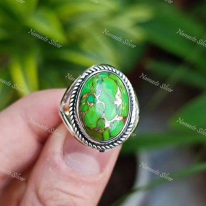 Green Turquoise Ring, 925 Sterling Silver Statement Promise Ring, Green Copper Turquoise Oval Gemstone Handmade Boho Jewelry, Gift for her