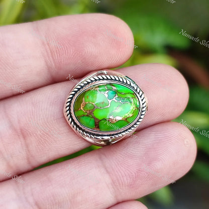 Green Turquoise Ring, 925 Sterling Silver Statement Promise Ring, Green Copper Turquoise Oval Gemstone Handmade Boho Jewelry, Gift for her