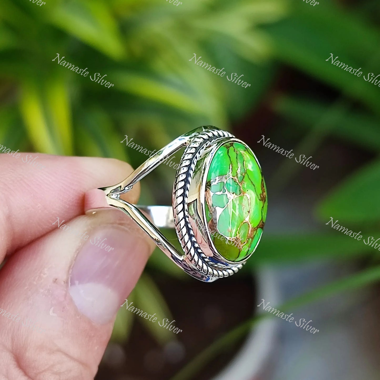 Green Turquoise Ring, 925 Sterling Silver Statement Promise Ring, Green Copper Turquoise Oval Gemstone Handmade Boho Jewelry, Gift for her