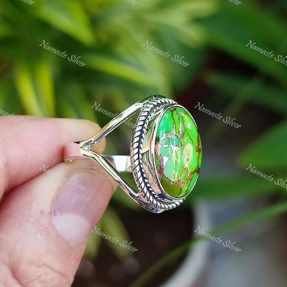 Green Turquoise Ring, 925 Sterling Silver Statement Promise Ring, Green Copper Turquoise Oval Gemstone Handmade Boho Jewelry, Gift for her