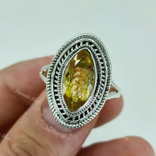 Citrine Ring, 925 Sterling Silver Promise Ring, Natural Yellow Gemstone Marquise Handmade Boho Jewelry, November Birthstone, Gift for Her