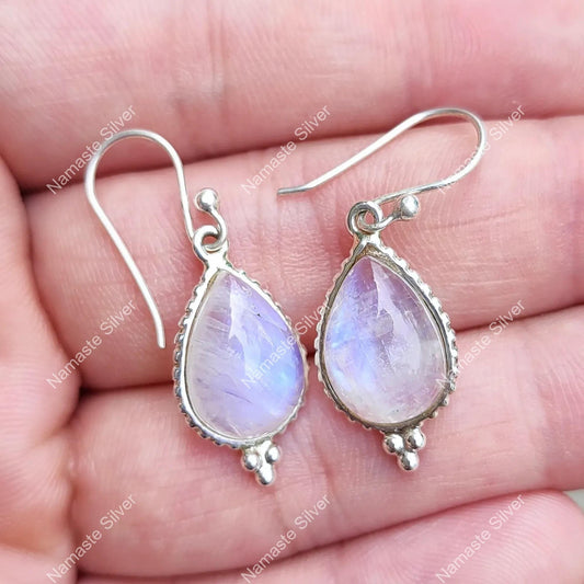 Rainbow Moonstone Earrings, 925 Sterling Silver Handmade Dangle Earrings, Natural Gemstone Pear Shape Jewelry, June Birthstone, Gift for Her