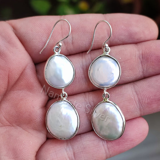Coin Pearl Earrings, 925 Sterling Silver Handmade Dangle Earrings, Genuine Freshwater Coin Pearl Jewelry, Gift for her Birthday Anniversary