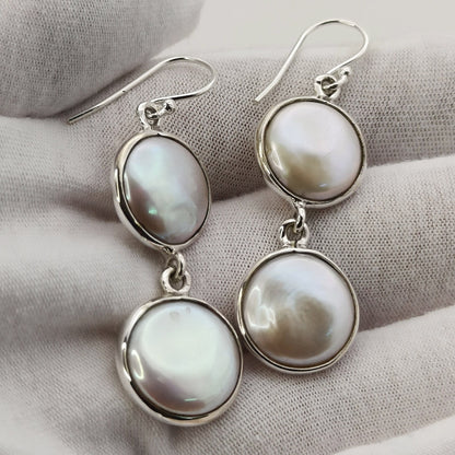 Coin Pearl Earrings, 925 Sterling Silver Handmade Dangle Earrings, Genuine Freshwater Coin Pearl Jewelry, Gift for her Birthday Anniversary