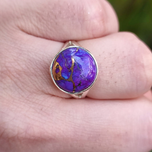 Purple Turquoise Ring, 925 Sterling Silver Handmade Promise Ring, Natural Purple Copper Turquoise Round Gemstone Boho Jewelry, Gift for Her