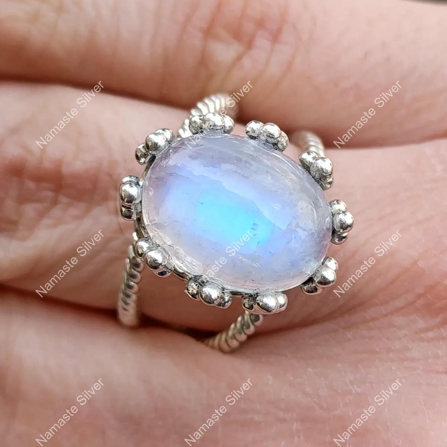 Moonstone Ring, 925 Sterling Silver Statement Promise Ring, Natural Rainbow Moonstone Oval Handmade Jewelry, June Birthstone, Gift for Her