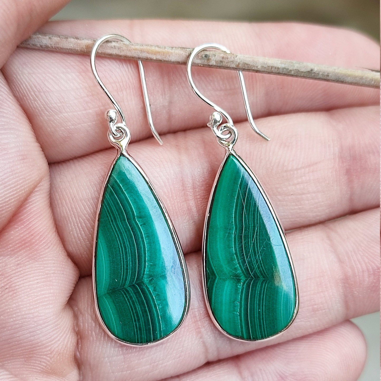 Malachite Earrings, 925 Sterling Silver Dangle Drop Earrings, Natural Green Gemstone Pear Shape Handmade Boho Jewelry, Elegant Gift for Her