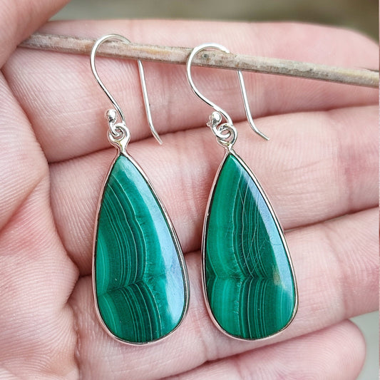 Malachite Earrings, 925 Sterling Silver Dangle Drop Earrings, Natural Green Gemstone Pear Shape Handmade Boho Jewelry, Elegant Gift for Her
