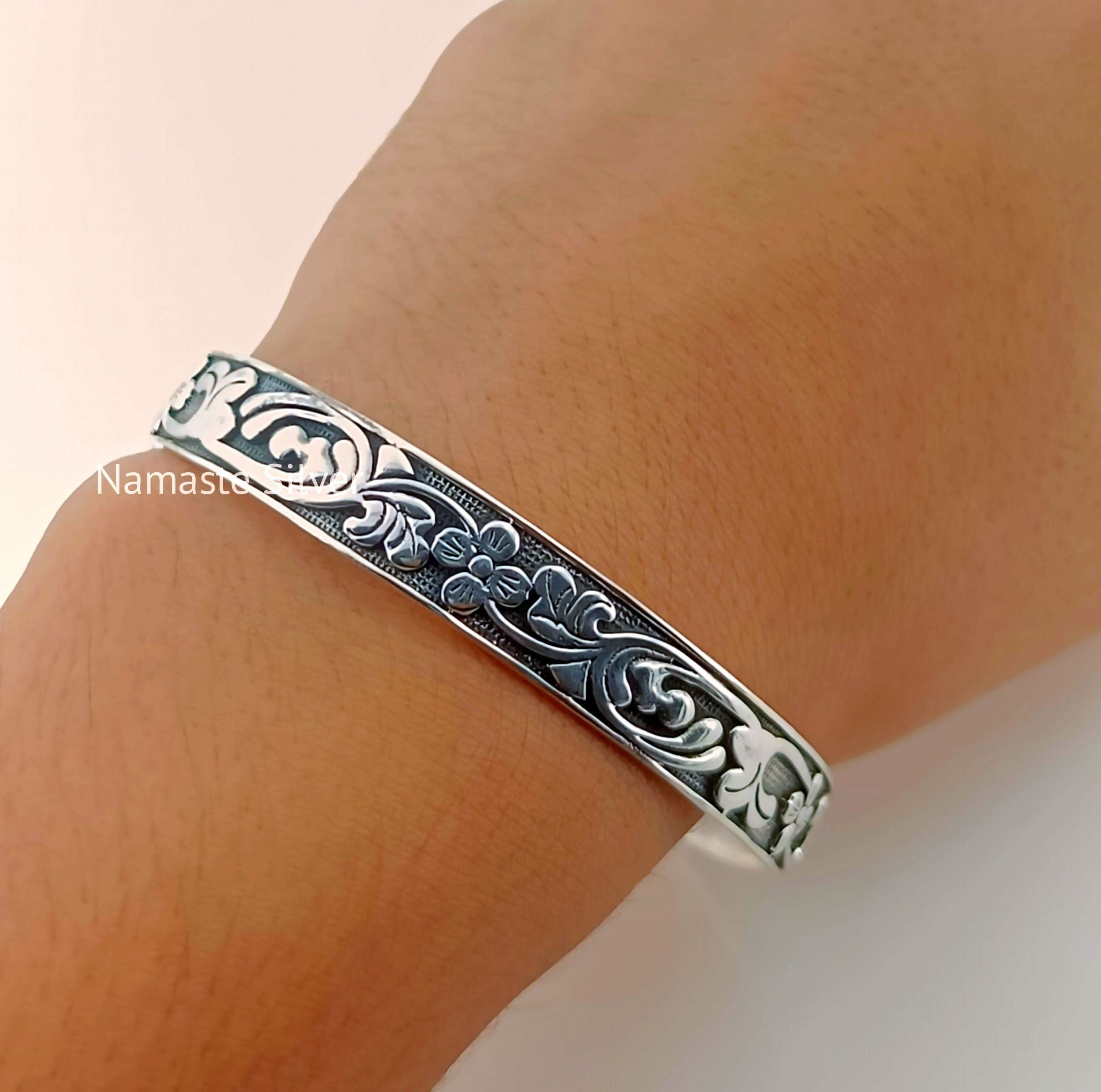 Floral Cuff Bracelet, 925 Sterling Silver Cuff Bangle, Handmade Adjustable Cuff Bracelet Jewelry, Gift for Her Birthday Anniversary Wedding