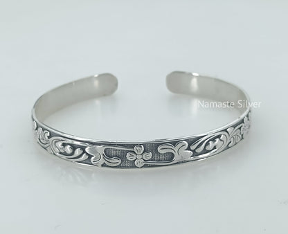Floral Cuff Bracelet, 925 Sterling Silver Cuff Bangle, Handmade Adjustable Cuff Bracelet Jewelry, Gift for Her Birthday Anniversary Wedding