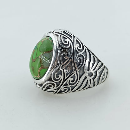 Green Turquoise Ring, 925 Sterling Silver Statement Promise Ring for Women, Green Copper Turquoise Oval Handmade Boho Jewelry, Gift for Her