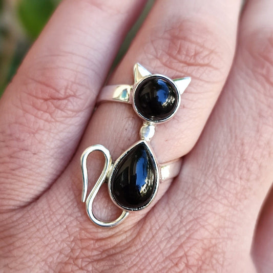 Black Onyx Cat Ring, Handmade 925 Sterling Silver Promise Ring, Natural Black Onyx Gemstone Jewelry, July Birthstone, Gift for Cat Lovers