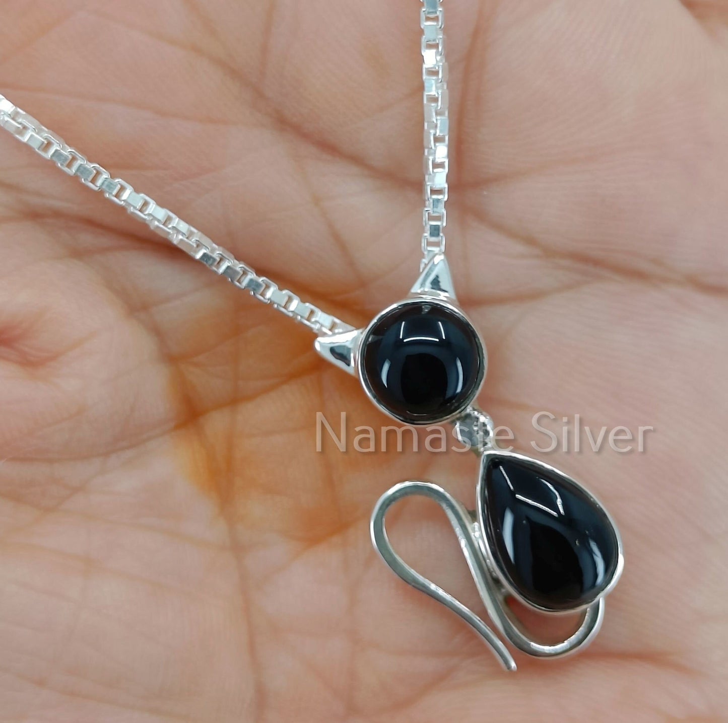 Black Onyx Cat Necklace, 925 Sterling Silver Pendant Chain, Natural Onyx Gemstone locket Handmade Jewelry, July Birthstone, Gift for Her