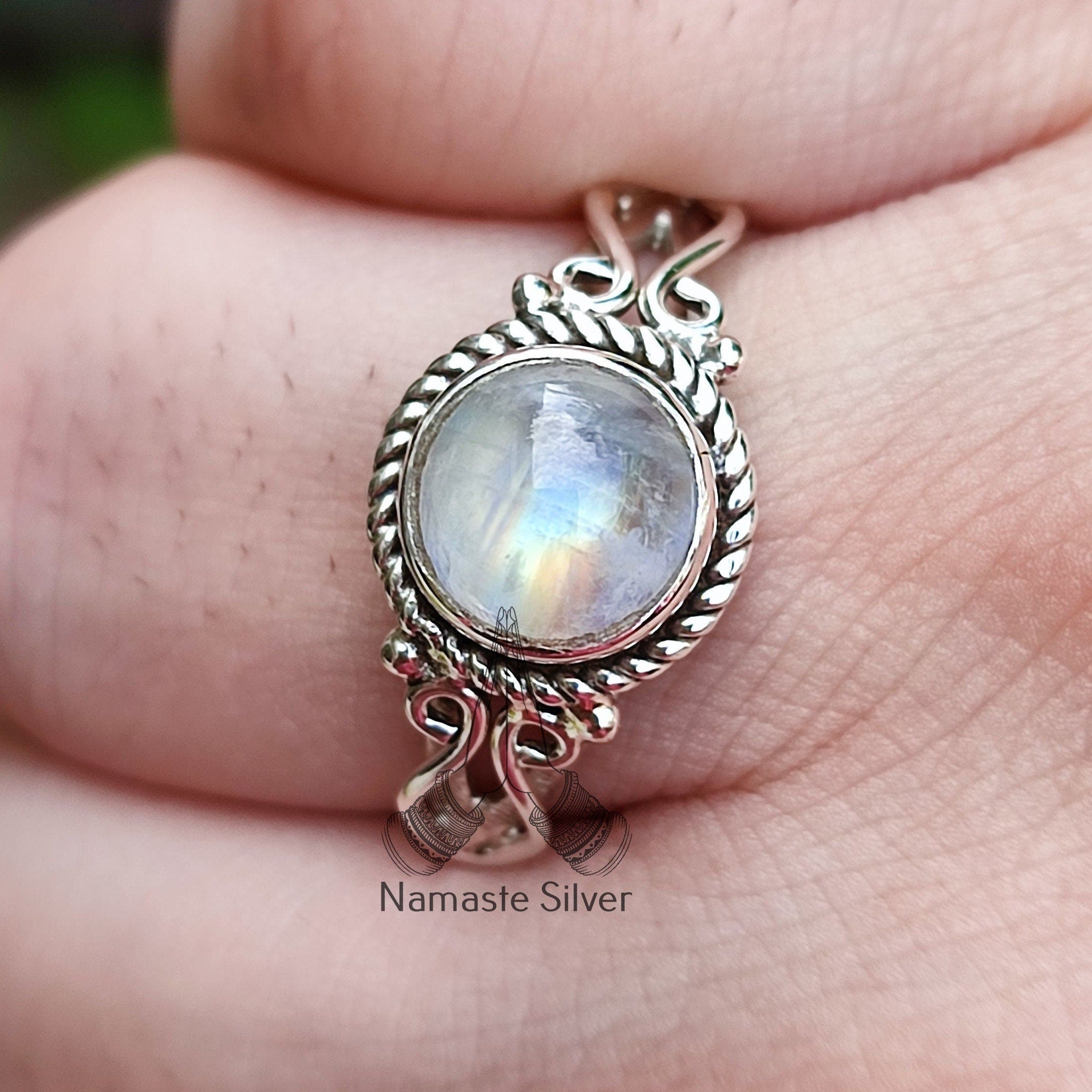 Rainbow Moonstone Ring, Sterling Silver Rings for Women, June Birthstone, Natural Moonstone Round Gemstone Handmade Jewelry, Gift for her