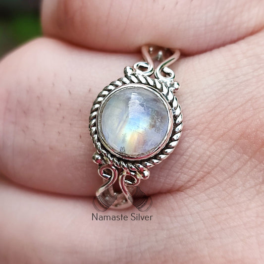 Rainbow Moonstone Ring, Sterling Silver Rings for Women, June Birthstone, Natural Moonstone Round Gemstone Handmade Jewelry, Gift for her