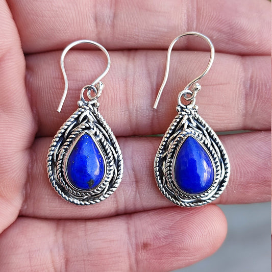 Lapis Lazuli Earrings, 925 Sterling Silver Dangle Drop Earrings, Natural Blue Gemstone PearShape Jewelry, September Birthstone, Gift for Her