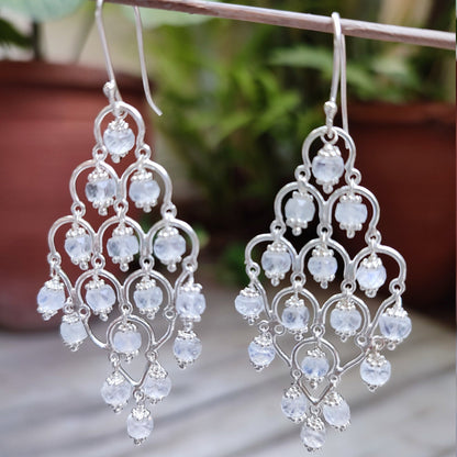 Rainbow Moonstone Earrings, Handmade Sterling Silver Dangle Earrings, Natural Moonstone Round Beads Jewelry, June Birthstone, Gift for Her