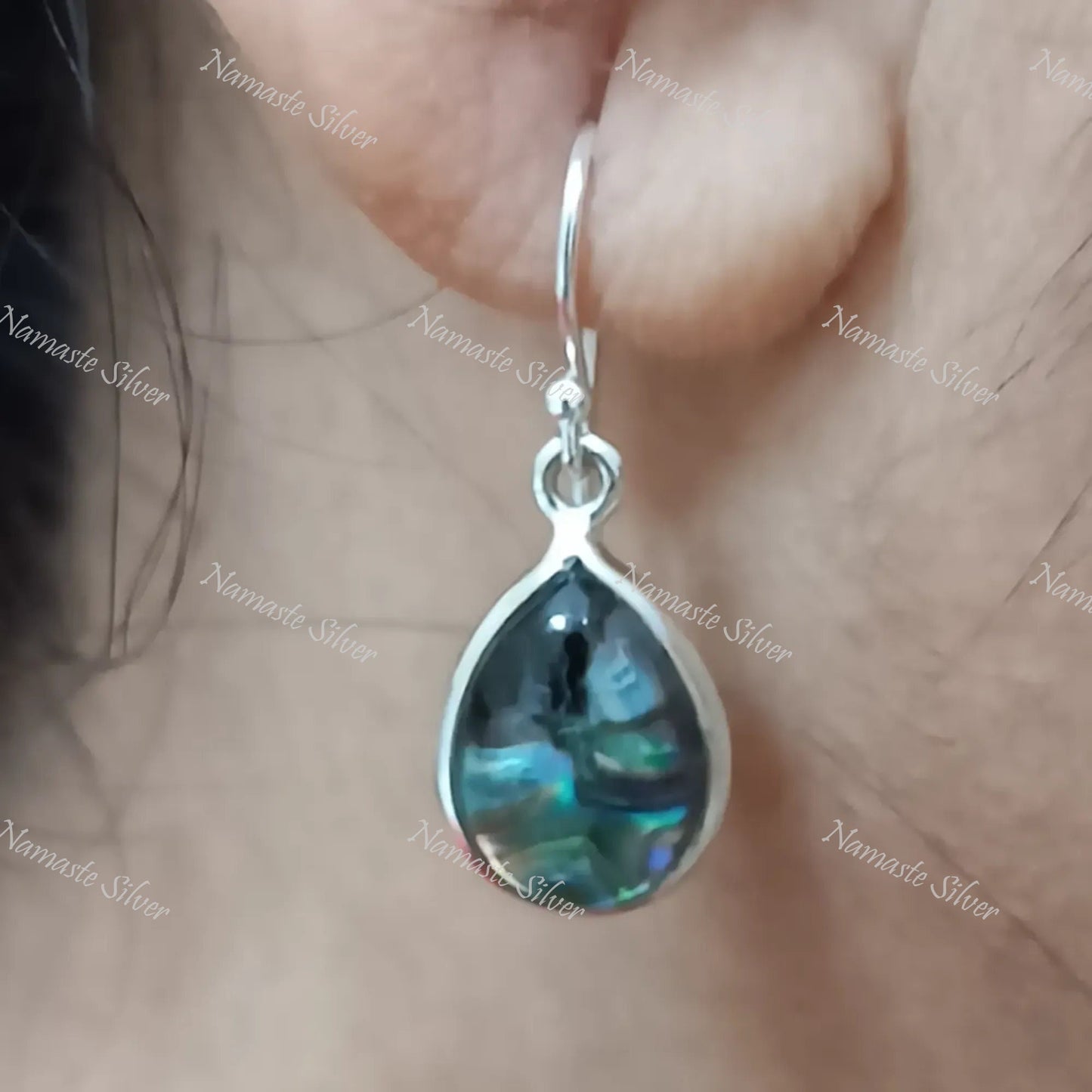 Abalone Shell Doublet Earrings, 925 Sterling Silver Dangle Earrings, Natural Abalone Pear Shape Handmade Jewelry, Blue Paua Shell Earrings