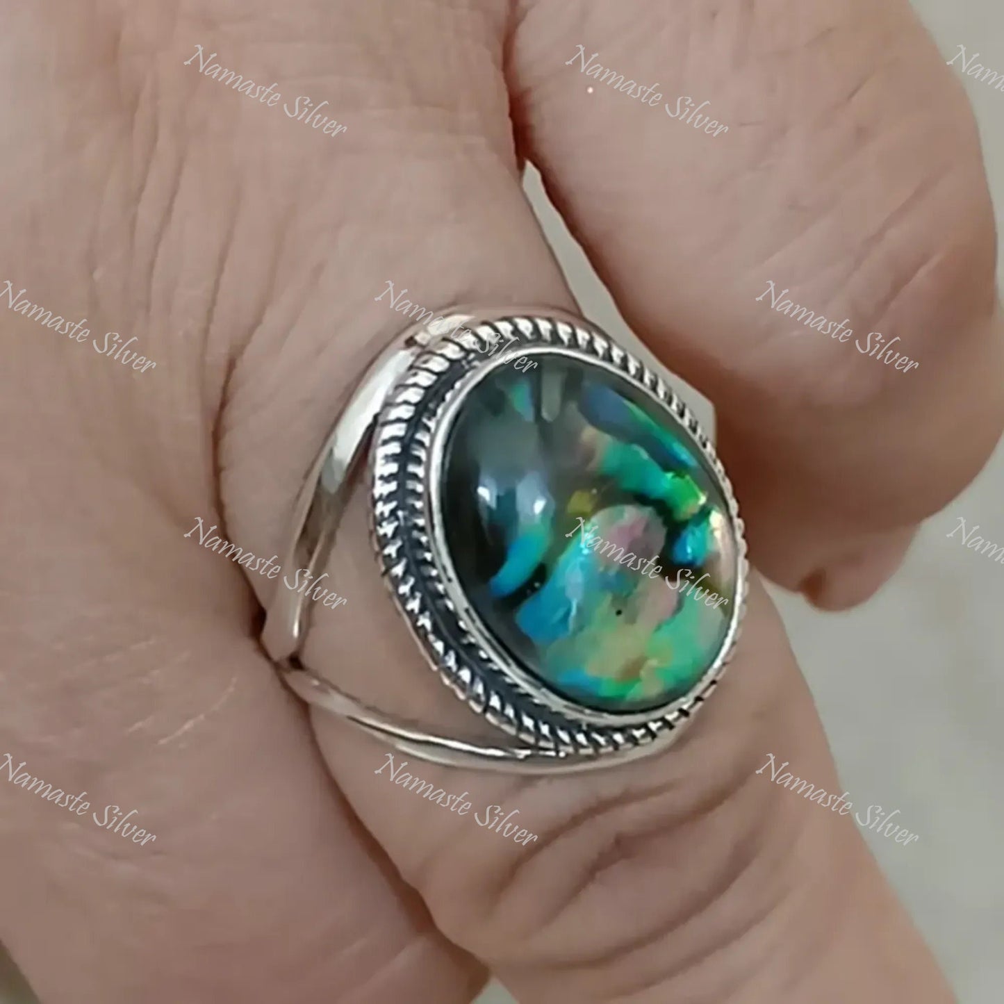 Abalone Shell Ring, 925 Sterling Silver Statement Promise Ring, Natural Blue Paua Seashell Doublet Oval Handmade Jewelry, Cute Gift for Her