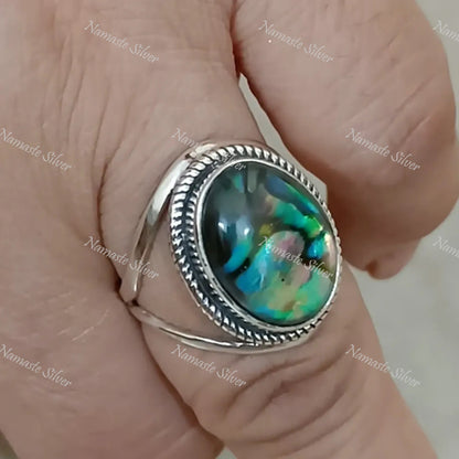 Abalone Shell Ring, 925 Sterling Silver Statement Promise Ring, Natural Blue Paua Seashell Doublet Oval Handmade Jewelry, Cute Gift for Her