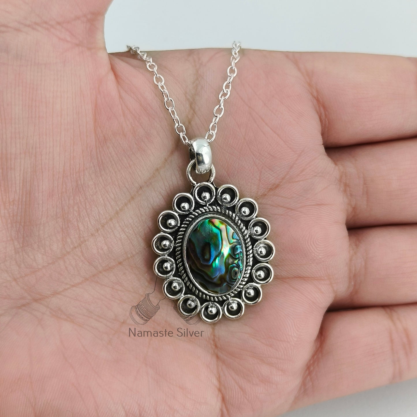 Abalone Shell Necklace, 925 Sterling Silver Pendant Locket Chain, Natural Blue Paua shell Oval Handmade Boho Jewelry, Elegant Gift for Her