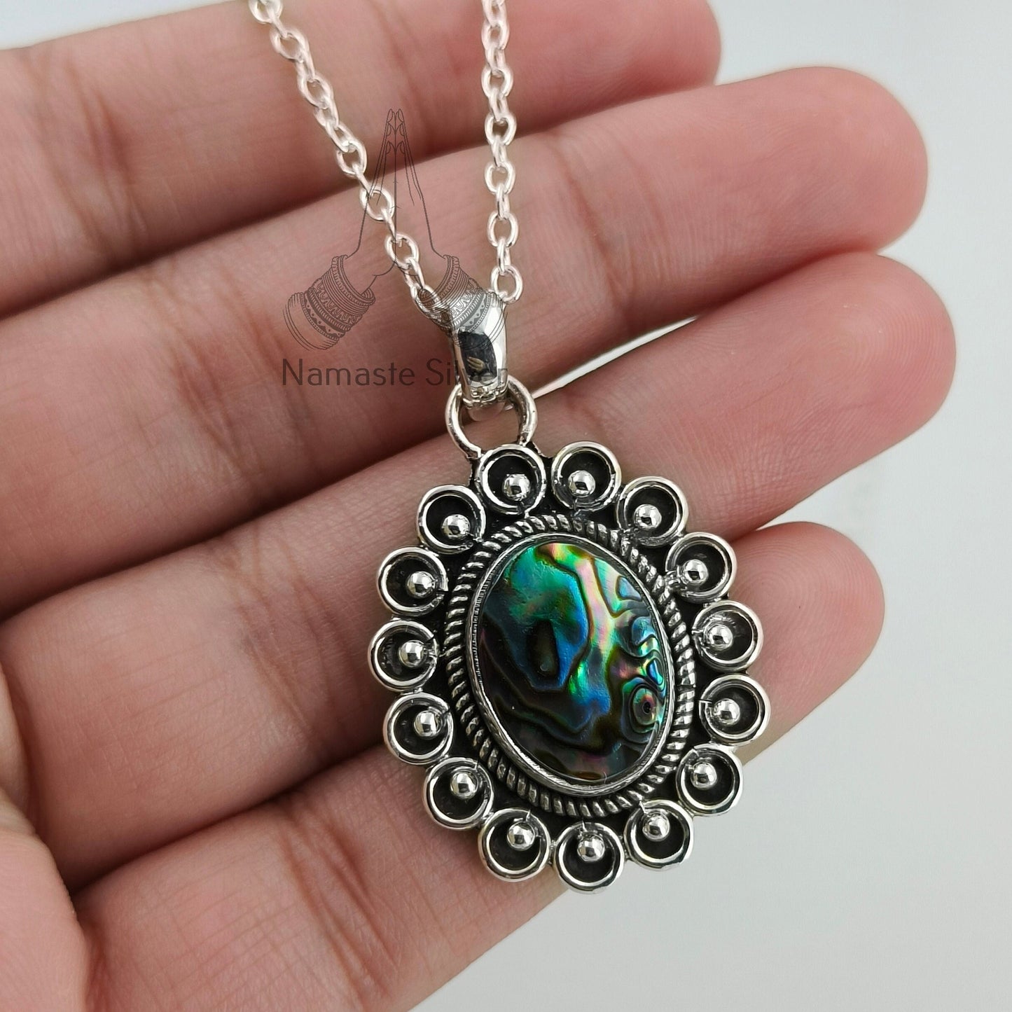 Abalone Shell Necklace, 925 Sterling Silver Pendant Locket Chain, Natural Blue Paua shell Oval Handmade Boho Jewelry, Elegant Gift for Her