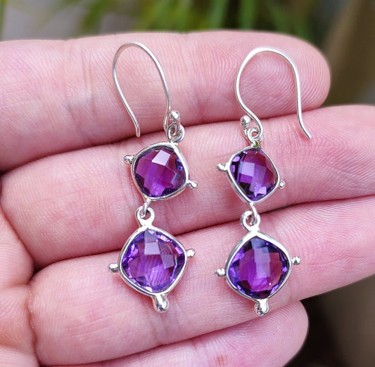 Amethyst Earrings, 925 Sterling Silver Dangle Earrings, Natural Purple Gemstone Cushion Handmade Jewelry, February Birthstone, Gift for Her
