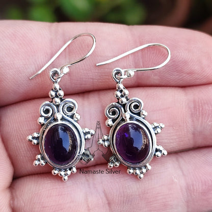 Amethyst Earrings, 925 Sterling Silver Dangle Earrings, Natural Amethyst Oval Gemstone Handmade Jewelry, February Birthstone Gift for her