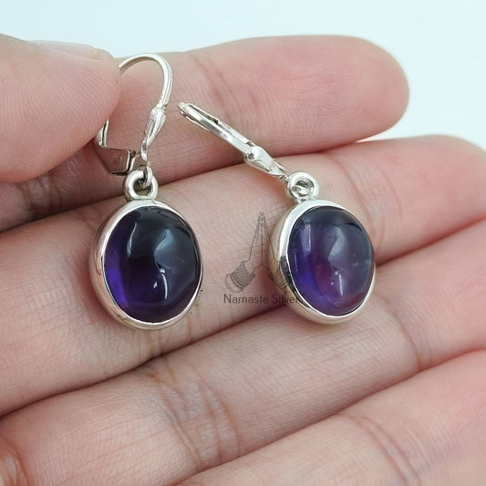 Amethyst Earrings, 925 Sterling Silver Dangle Earrings, Natural Purple Oval Gemstone Handmade Jewelry, February Birthstone, Gift for her