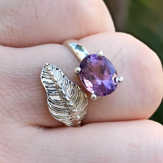 Natural Amethyst Ring, 925 Sterling Silver Promise Adjustable Leaf Ring, Purple Oval Gemstone Handmade Jewelry, February Birthstone Gift