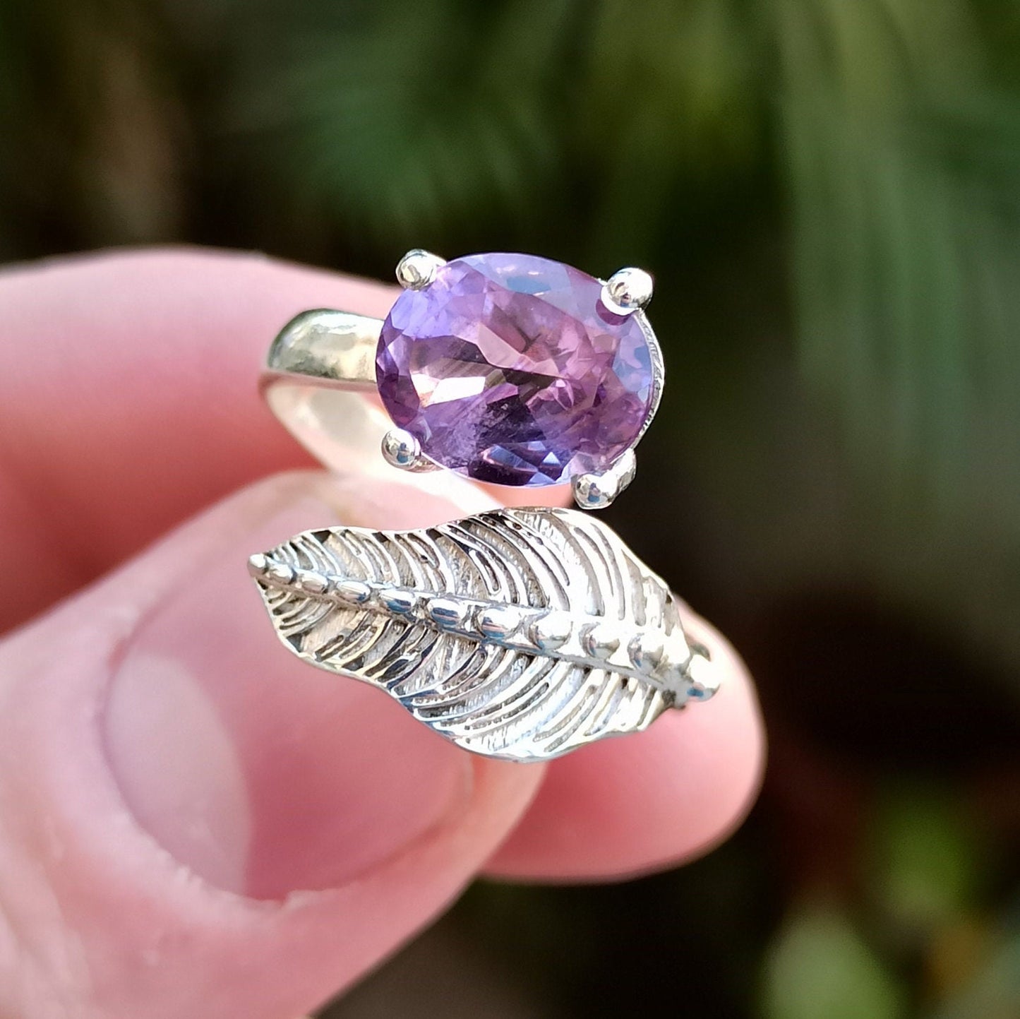 Natural Amethyst Ring, 925 Sterling Silver Promise Adjustable Leaf Ring, Purple Oval Gemstone Handmade Jewelry, February Birthstone Gift