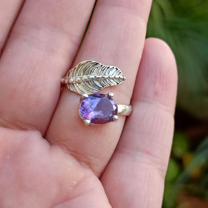Natural Amethyst Ring, 925 Sterling Silver Promise Adjustable Leaf Ring, Purple Oval Gemstone Handmade Jewelry, February Birthstone Gift