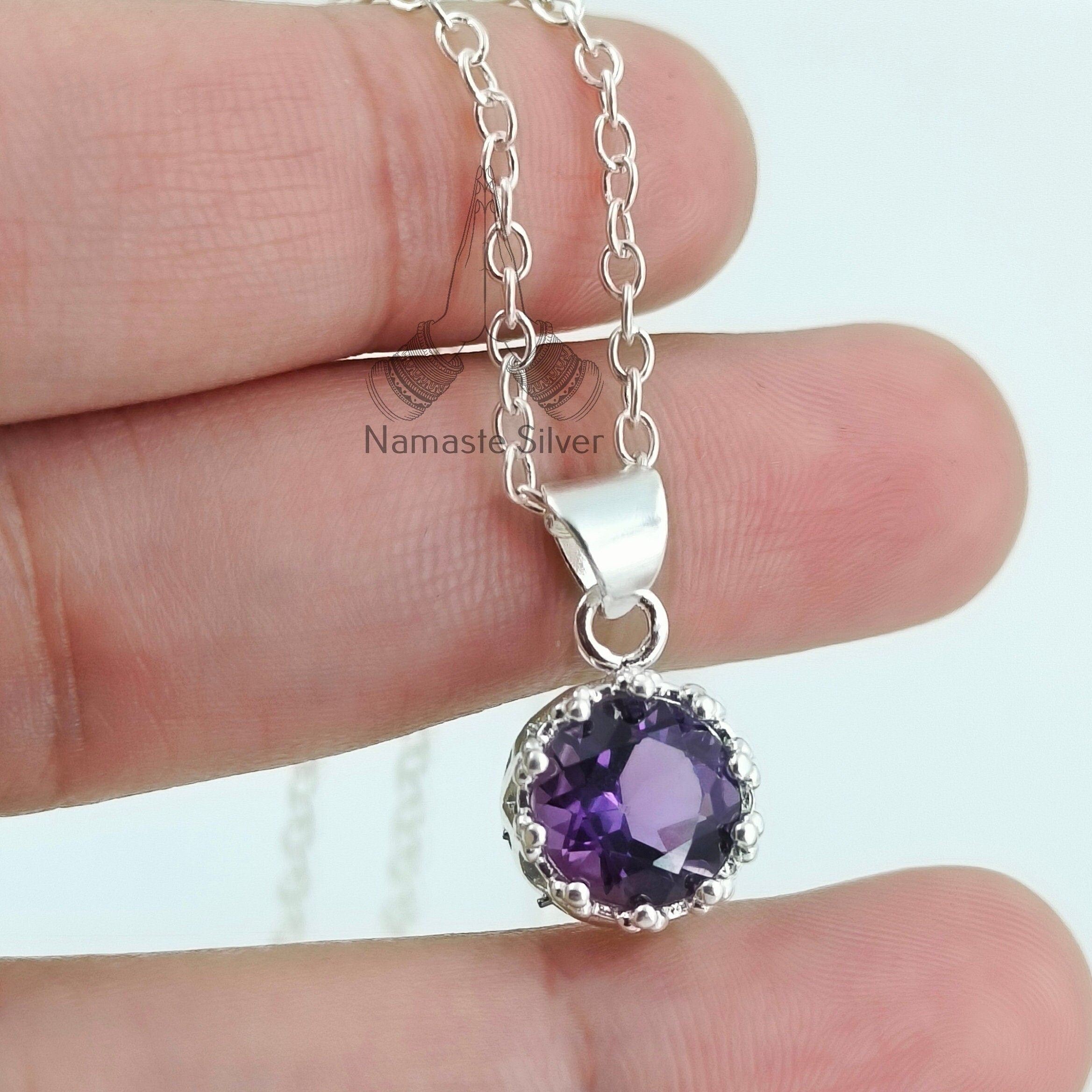Amethyst Necklace, 925 Sterling Silver Handmade Locket Chain, Natural Purple Round Gemstone Boho Jewelry, February Birthstone, Gift for her