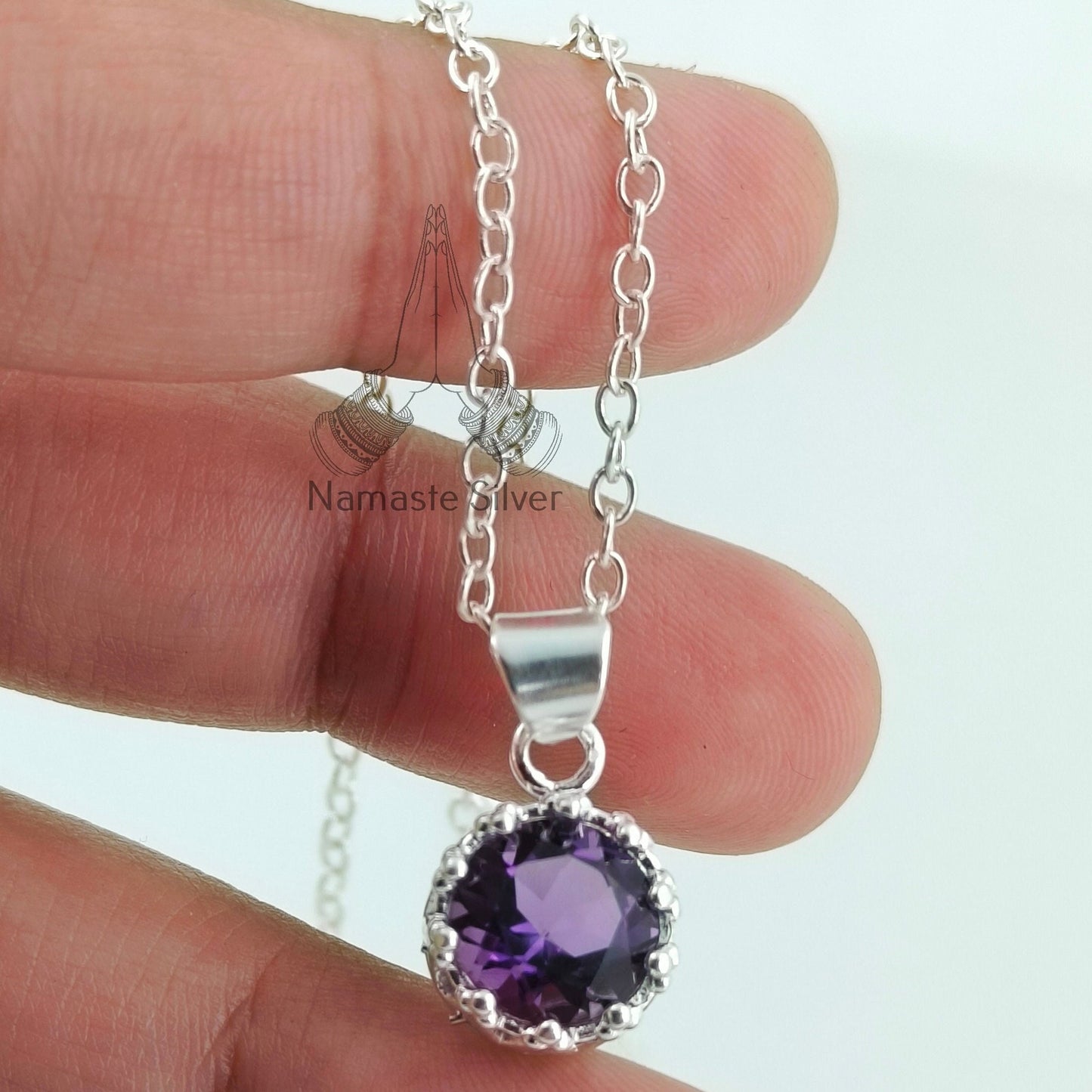 Amethyst Necklace, 925 Sterling Silver Handmade Locket Chain, Natural Purple Round Gemstone Boho Jewelry, February Birthstone, Gift for her