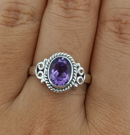 Amethyst Ring, 925 Sterling Silver Handmade Statement Promise Ring, Natural Purple Gemstone Oval Jewelry, February Birthstone, Gift for her