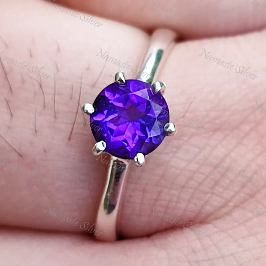 Amethyst Ring, 925 Sterling Silver Solitaire Promise Ring, Natural Purple Gemstone Round Handmade Jewelry, February Birthstone, Gift for Her