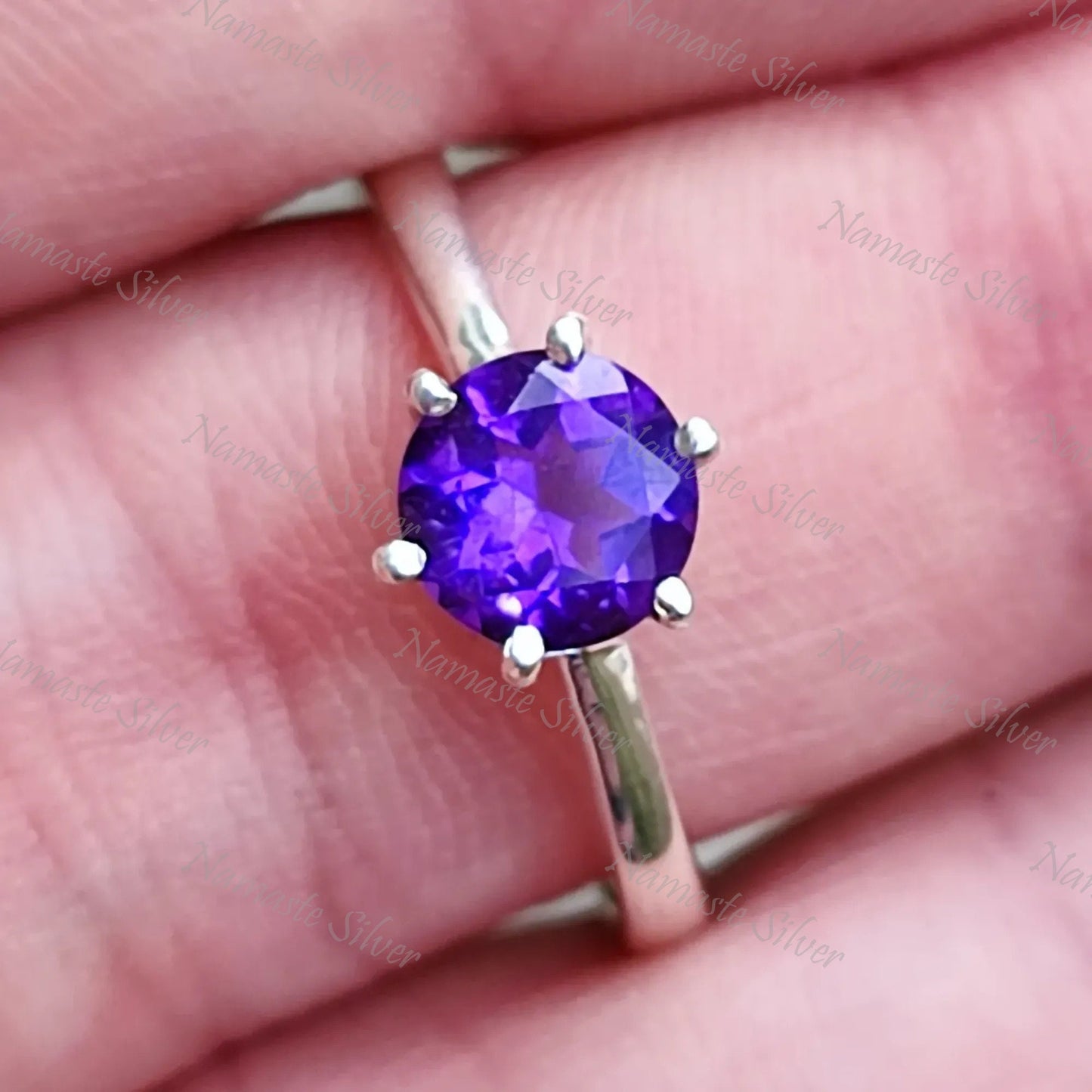 Amethyst Ring, 925 Sterling Silver Solitaire Promise Ring, Natural Purple Gemstone Round Handmade Jewelry, February Birthstone, Gift for Her