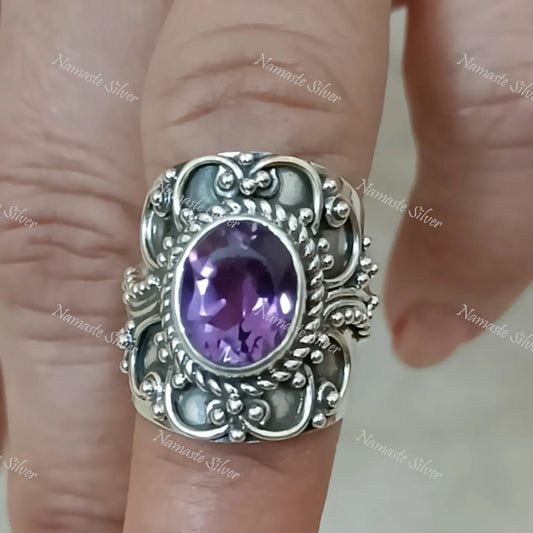 Amethyst Ring, 925 Sterling Silver Statement Promise Ring, Natural Purple Gemstone Oval Handmade Jewelry, February Birthstone, Gift for her