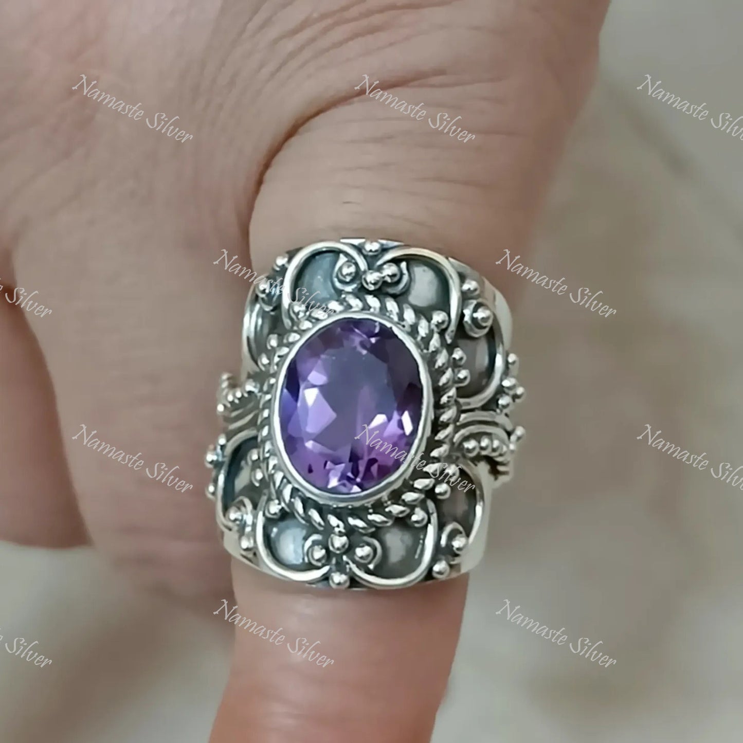 Amethyst Ring, 925 Sterling Silver Statement Promise Ring, Natural Purple Gemstone Oval Handmade Jewelry, February Birthstone, Gift for her