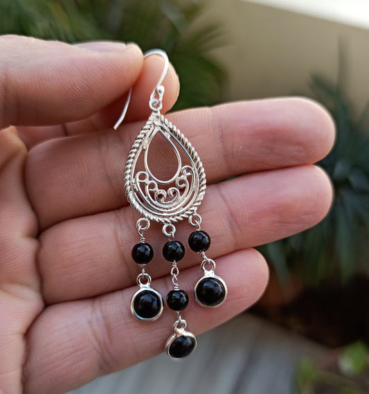 Black Onyx Earrings, 925 Sterling Silver Dangle Drop Earrings, Natural Black Onyx Round Handmade Boho Jewelry, Gift for Her, July Birthstone