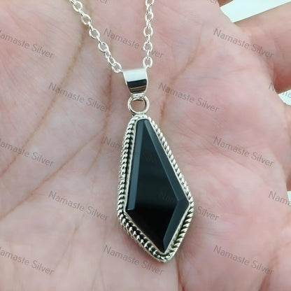 Black Onyx Coffin Necklace, 925 Sterling Silver Coffin Pendant, Natural Black Gemstone Gothic Handmade Jewelry, Boho Halloween Gift for Her