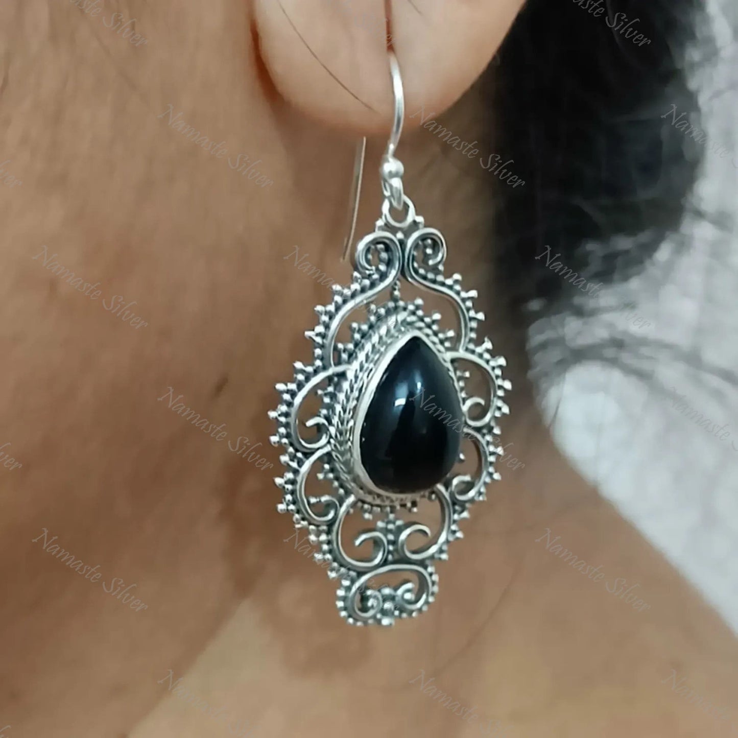 Black Onyx Earrings, 925 Sterling Silver Dangle Earrings, Natural Black Gemstone Pear Shape Handmade Jewelry, July Birthstone, Gift for Her