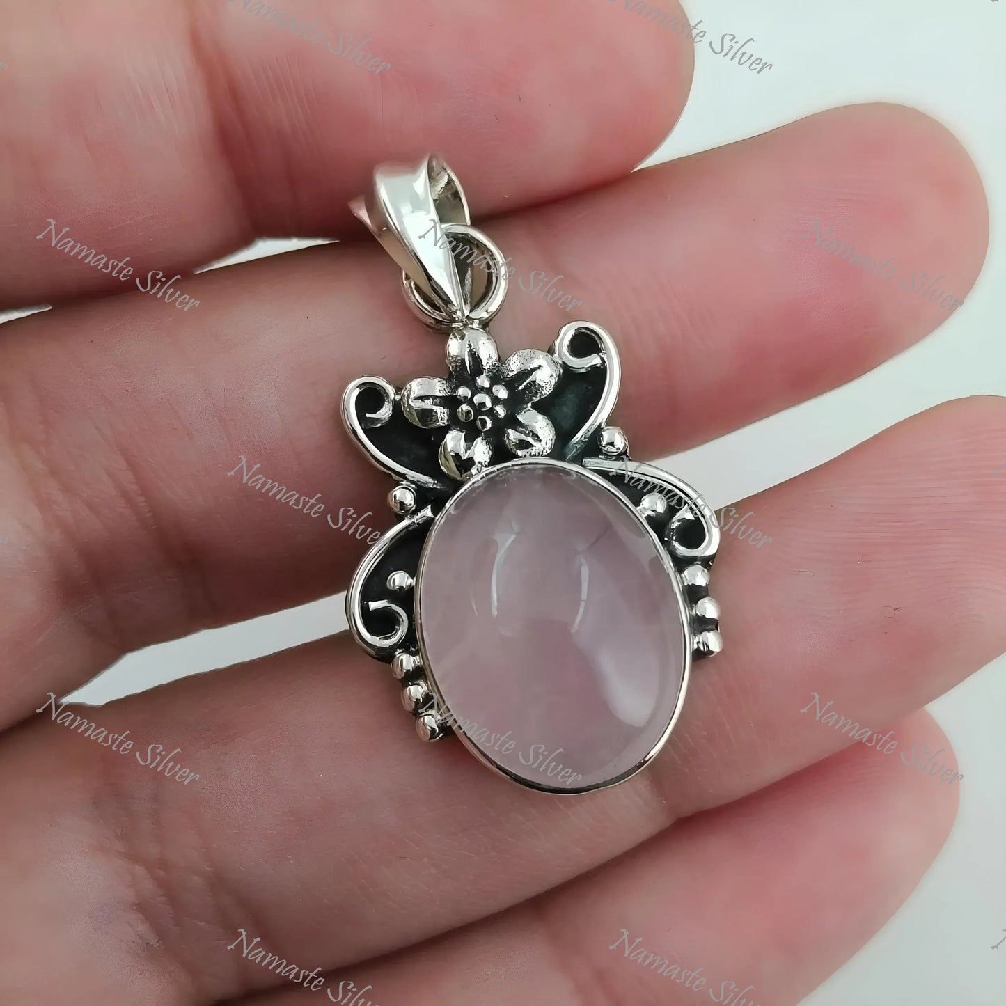 Rose Quartz Pendant, 925 Sterling Silver Handmade Locket, Natural Rose Quartz Oval Gemstone Boho Jewelry, January Birthstone, Gift For Her