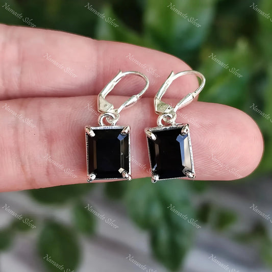 Black Onyx Earrings, 925 Sterling Silver Dangle Earrings, Natural Black Onyx Octagon Gemstone July Birthstone Jewelry, Boho Gift for Him/Her