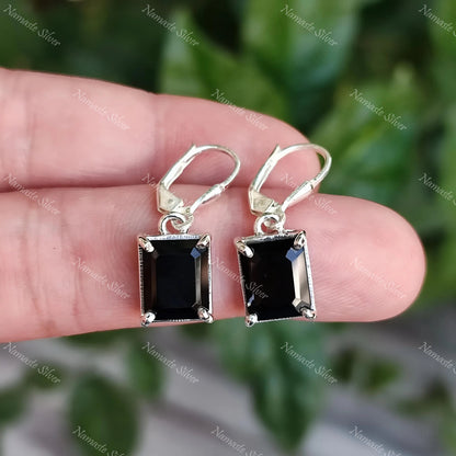 Black Onyx Earrings, 925 Sterling Silver Dangle Earrings, Natural Black Onyx Octagon Gemstone July Birthstone Jewelry, Boho Gift for Him/Her