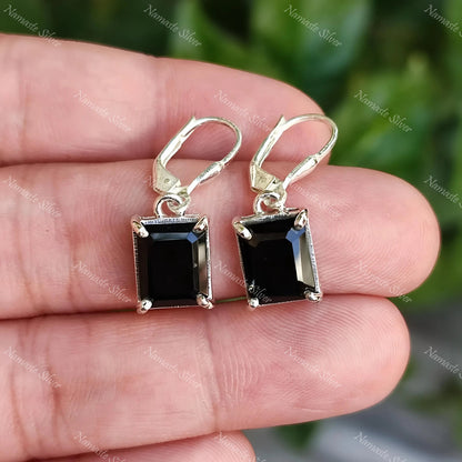 Black Onyx Earrings, 925 Sterling Silver Dangle Earrings, Natural Black Onyx Octagon Gemstone July Birthstone Jewelry, Boho Gift for Him/Her