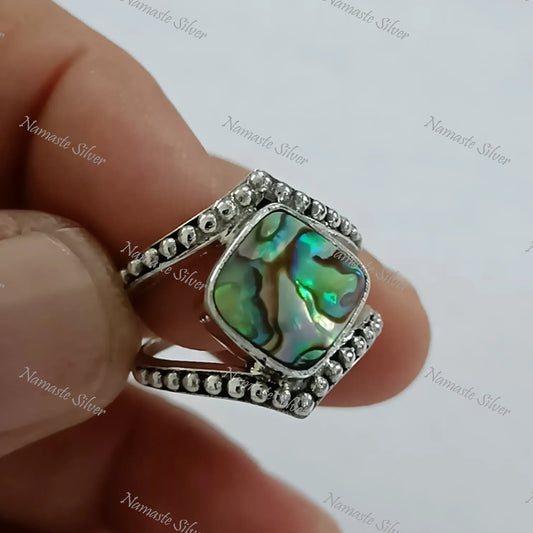 Abalone Shell Ring, Sterling Silver Statement Promise Ring, Natural Ocean Seashell Cushion Handmade Jewelry, Paua Shell Ring, Gift for her