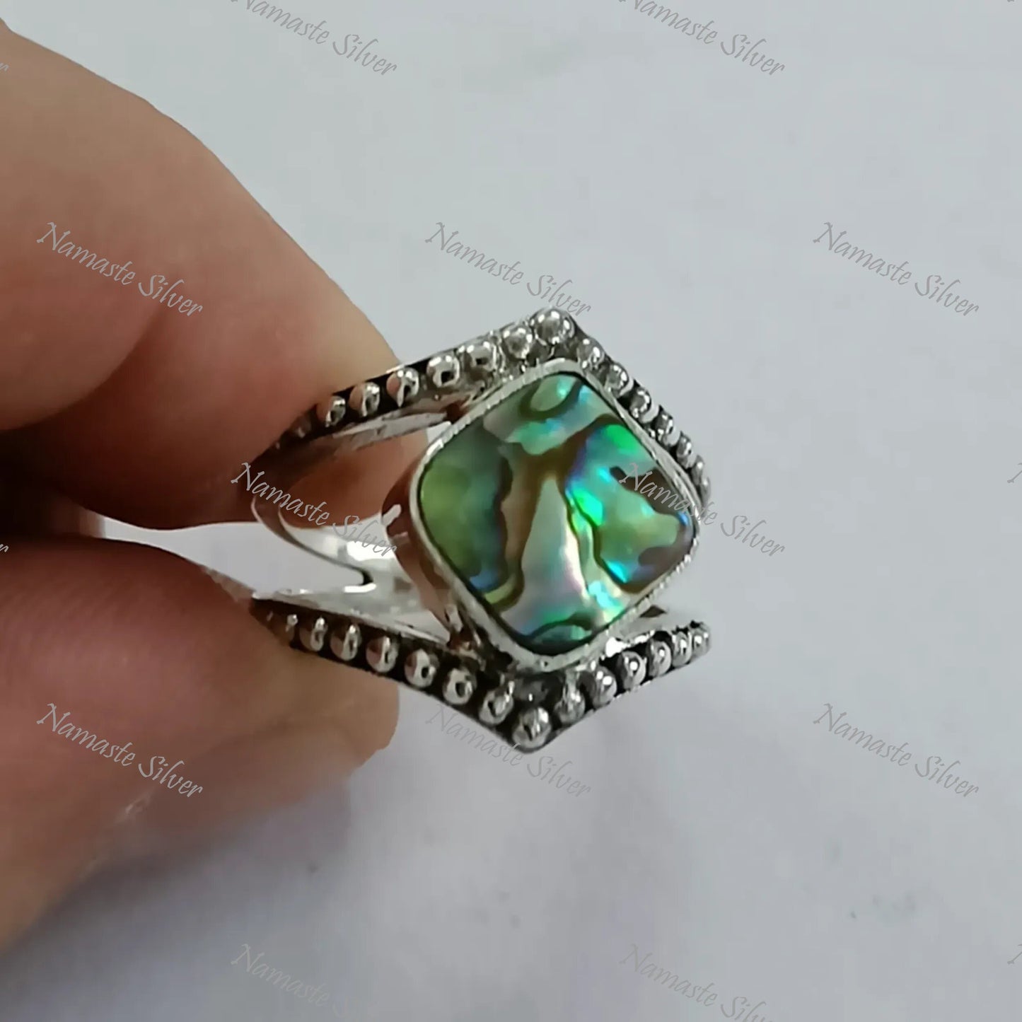 Abalone Shell Ring, Sterling Silver Statement Promise Ring, Natural Ocean Seashell Cushion Handmade Jewelry, Paua Shell Ring, Gift for her