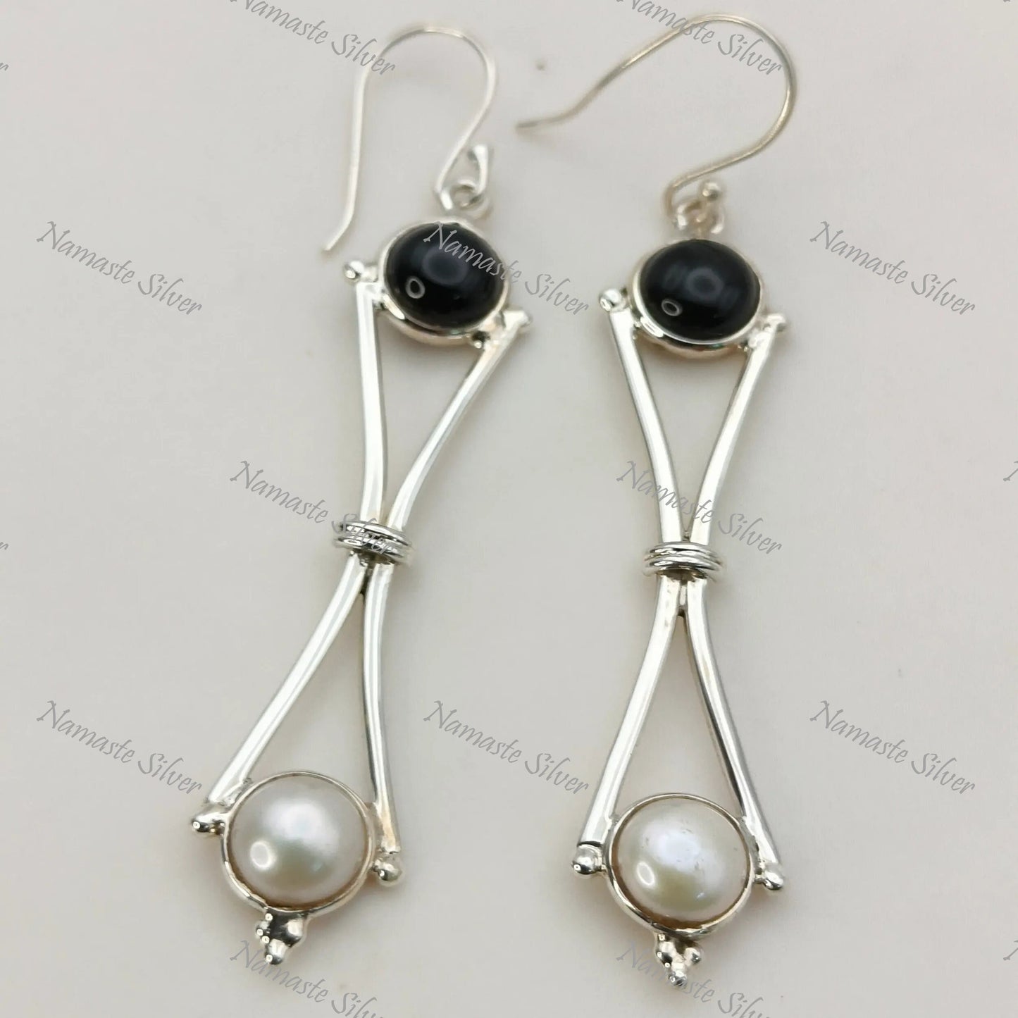 Black Onyx & Pearl Earrings, 925 Sterling Silver Dangle Drop Earrings, Natural Birthstone Handmade Freshwater Pearl Jewelry, Gift for Her