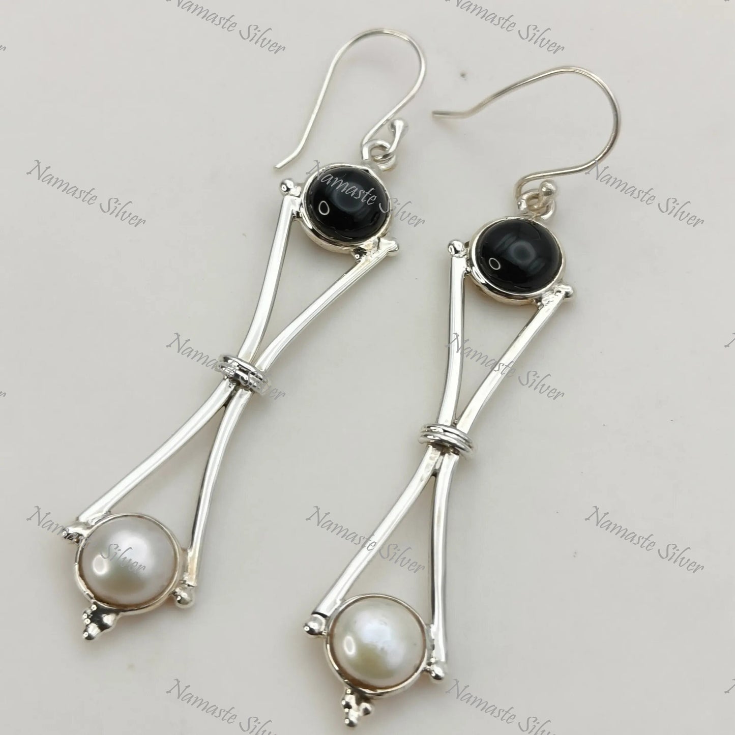 Black Onyx & Pearl Earrings, 925 Sterling Silver Dangle Drop Earrings, Natural Birthstone Handmade Freshwater Pearl Jewelry, Gift for Her